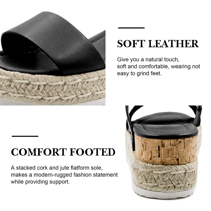 Athlefit Women's Espadrilles Platform Wedge Sandals Casual Open Toe Ankle Strap Buckle Summer Sandals, Black, Size 9.5, AD00502 - Image 4